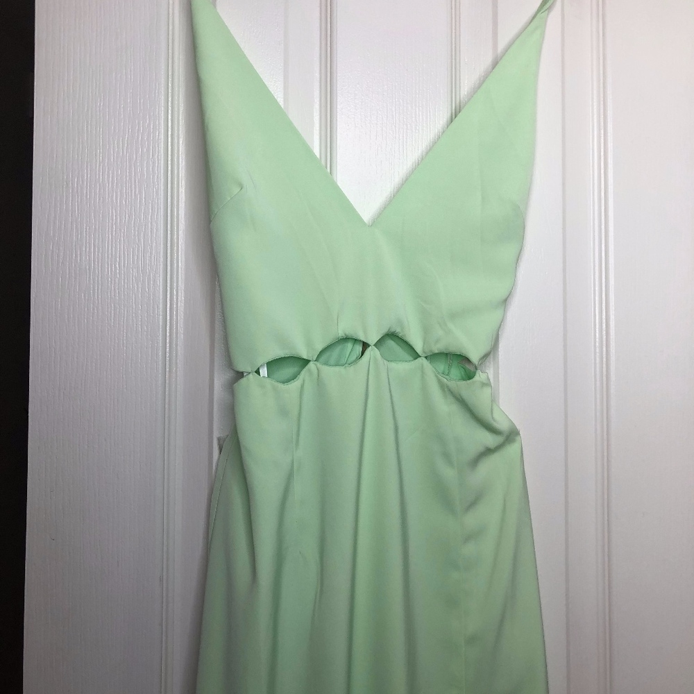 Mint green, floor length dress with high slit
